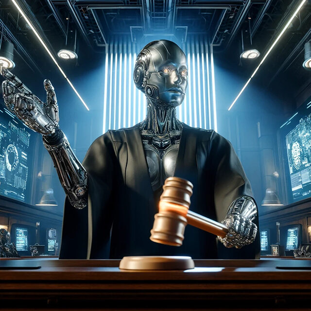 Bilden har genererats av AI-modellen DALL-E utifrån instruktionen ”en robot-domare med en domarklubba i handen sitter i en futuristisk rättssal”.