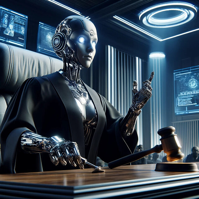 Bilden har genererats av AI-modellen DALL-E utifrån instruktionen ”en robot-domare med en domarklubba i handen sitter i en futuristisk rättssal”.