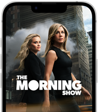 iPhone 17e, sedd framifrån, med Apple TV-serien The Morning Show på skärmen