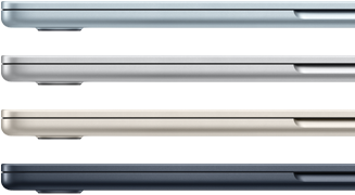 Fyra bärbara MacBook Air-datorer som visas från sidan i fyra olika finishar