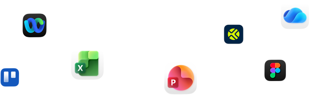 Ett antal utströdda appikoner, däribland Webex, Microsoft Excel och Figma