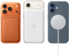 iPhone 17 Pro, sedd bakifrån, i kosmiskt orange, med silikonskal i färgen sienna och FineWoven-plånbok med MagSafe i rävrött, iPhone Air, sedd bakifrån, molnvit, med MagSafe-batteri, iPhone 17, sedd bakifrån, disblå, med silikonskal i ankarblått och MagSafe-laddare