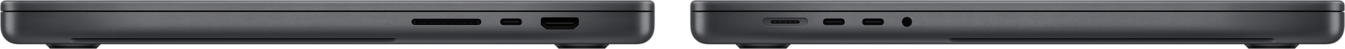 MacBook Pro sedd från sidan med SDXC-kortplats, tre Thunderbolt 4-portar, HDM-port, MagSafe 3-laddningsport och hörlursuttag.