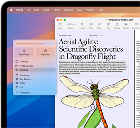 Animation av hur ett vetenskapligt dokument om trollsländans flykt görs mer kortfattat med hjälp av skrivverktyg i Apple Intelligence