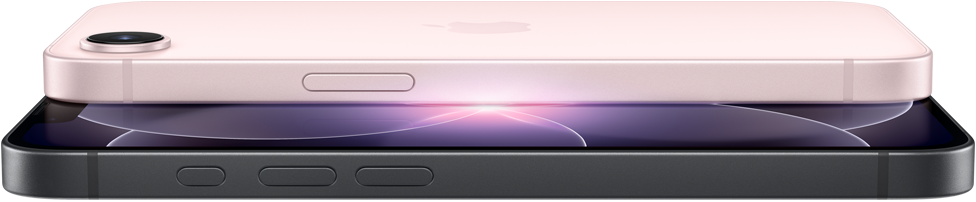 iPhone 17e, i horisontellt läge, sedd från sidan och bakifrån, blekrosa, iPhone 17e, i horisontellt läge, sedd från sidan och framifrån, svart