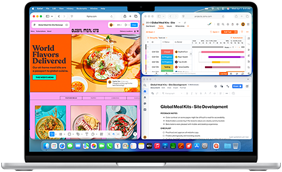 MacBook Air, på skärmen visas Figma, Zoho och Quip öppna i tre separata fönster för att demonstrera multitasking
