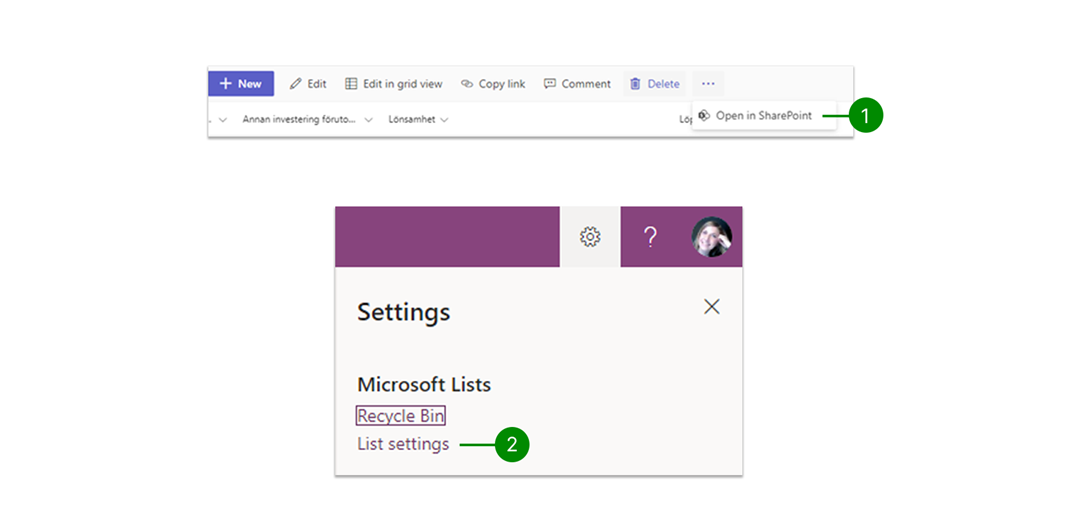 Microsoft lists list settings