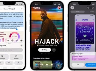 iPhone 17e-enheter sida vid sida visar olika saker på skärmarna: ett spel som är igång, Skrivverktyg, Apple TV-appen, en kalenderaktivitet som skapas, en Genmoji som skapas