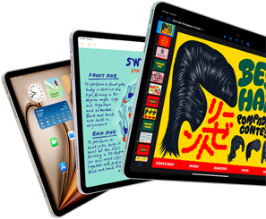 Tre iPad Air-skärmar som visar funktioner i iPadOS