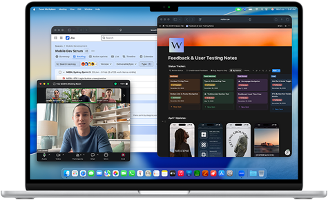 MacBook Air, på skärmen visas Notion, Jira och Zoom öppna i tre separata fönster för att visa att det går smidigt att köra flera appar i macOS