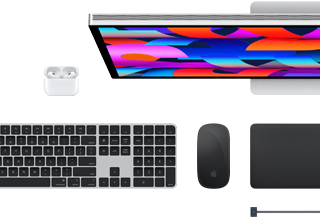 Mac-tillbehör: Airpods, Studio Display, Magic Keyboard, Magic Mouse, Magic Trackpad, MagSafe-laddningskabel i rymdsvart