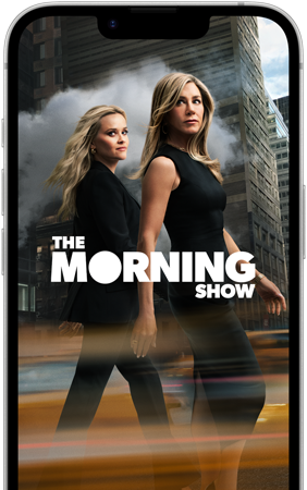 iPhone 17e, sedd framifrån, med Apple TV-serien The Morning Show på skärmen
