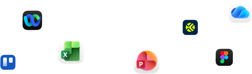 Ett antal utströdda appikoner, däribland Webex, Microsoft Excel och Figma