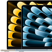 Två MacBook Air-datorer uppställda intill varandra för att visa skillnaden mellan skärmstorlekarna: 13,6 tum respektive 15,3 tum, mätt diagonalt