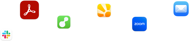 Ett antal utströdda appikoner, däribland Slack, Zoom och Mail