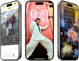 3 iPhone 17 Pro-modeller, sedda framifrån, sida vid sida, på skärmarna visas iOS 26, Liquid Glass-effekten och Apple Intelligence