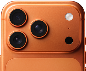 iPhone 17 Pro, kosmiskt orange, del av baksidan, proffskamerasystem högst upp till vänster, tre objektiv, mikrofon, blixt