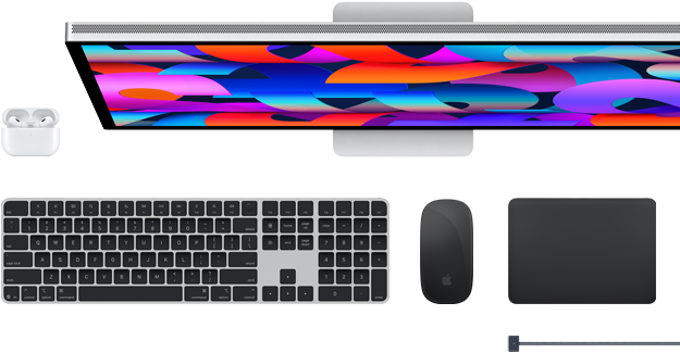 Mac-tillbehör: Airpods, Studio Display, Magic Keyboard, Magic Mouse, Magic Trackpad, MagSafe-laddningskabel i rymdsvart