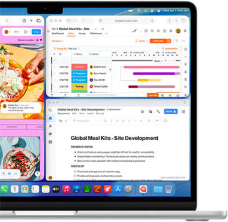 MacBook Air, på skärmen visas Figma, Zoho och Quip öppna i tre separata fönster för att demonstrera multitasking
