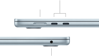 Bilder av MacBook Air sedd från sidan för att visa portarna: MagSafe och två Thunderbolt 4-portar på vänster sida, hörlursuttag på höger sida