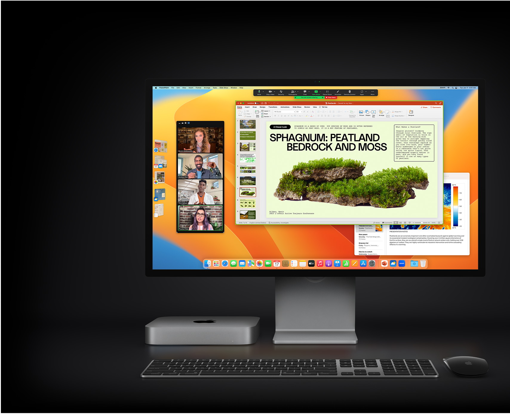 Mac mini med Magic Mouse, Magic Keyboard och Studio Display. På skärmen syns en Microsoft PowerPoint-presentation som delas i ett Zoom-möte, samt appen Anteckningar i bakgrunden.