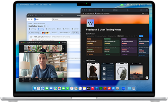 MacBook Air, på skärmen visas Notion, Jira och Zoom öppna i tre separata fönster för att visa att det går smidigt att köra flera appar i macOS