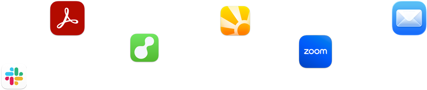 Ett antal utströdda appikoner, däribland Slack, Zoom och Mail