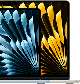 Två MacBook Air-datorer uppställda intill varandra för att visa skillnaden mellan skärmstorlekarna: 13,6 tum respektive 15,3 tum, mätt diagonalt